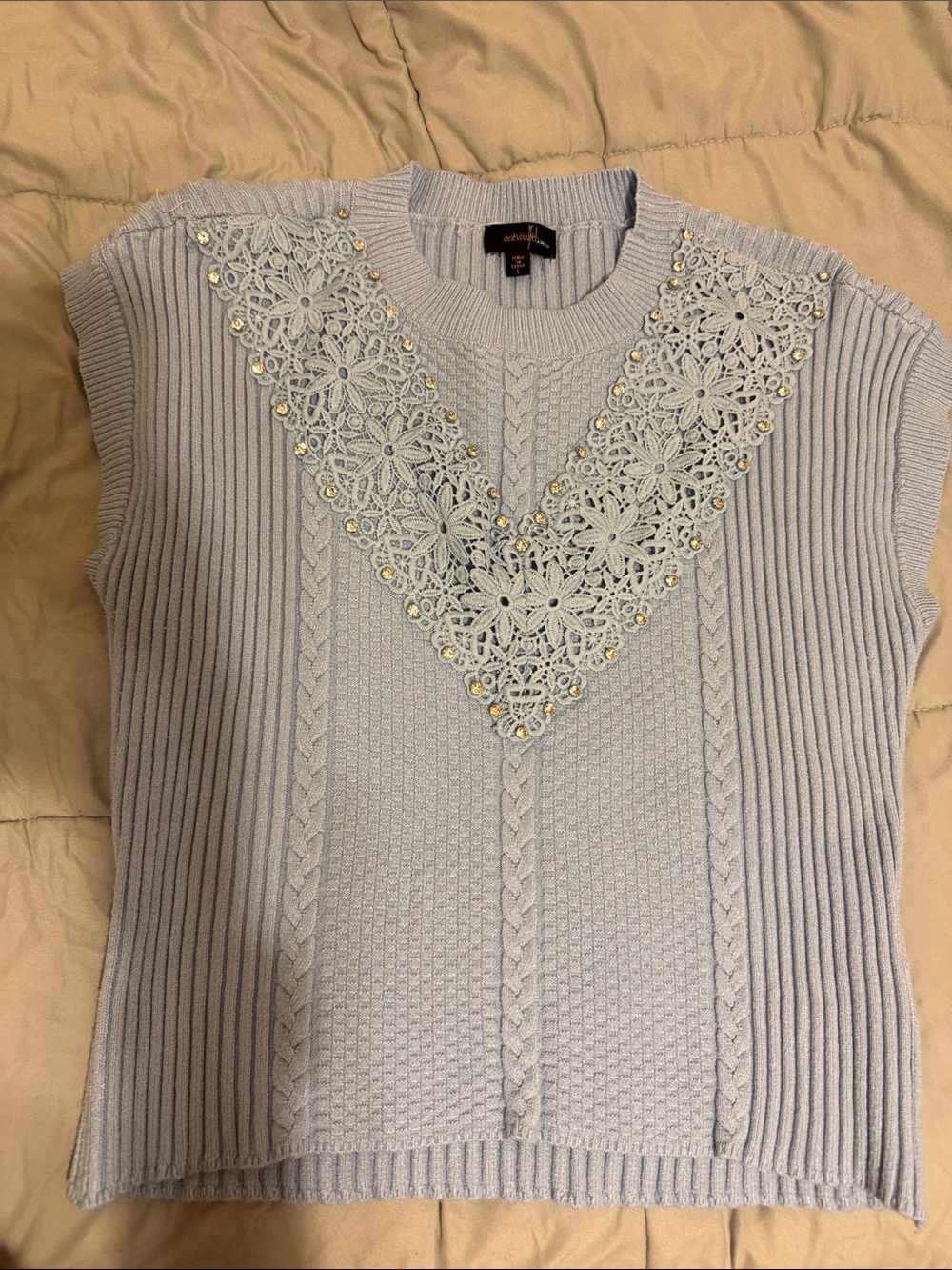 Ontwelft Light Blue Crochet V-Appliqué Sleeveless Knit Top
